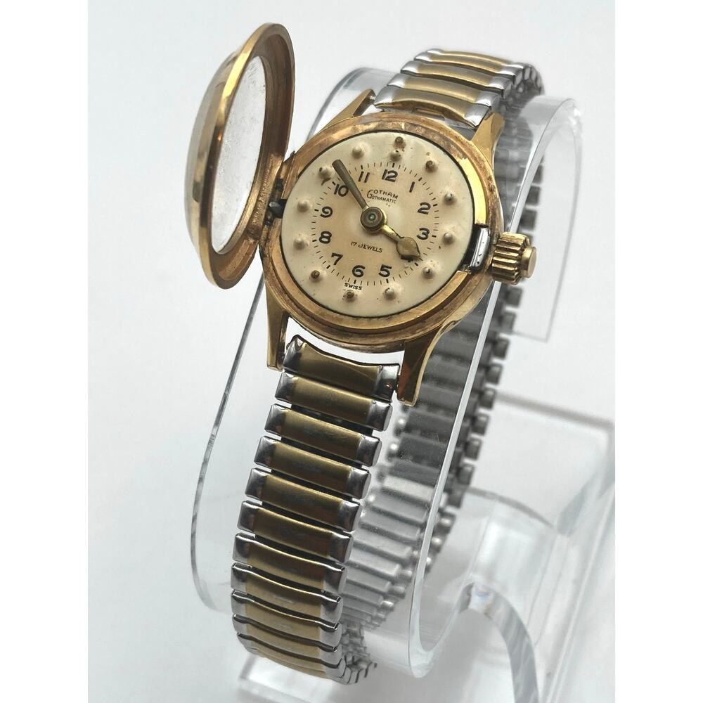 VTG Gotham 17j Automatic Hinged Crystal Cover Watch 35mm Gothamatic Braille Dial
